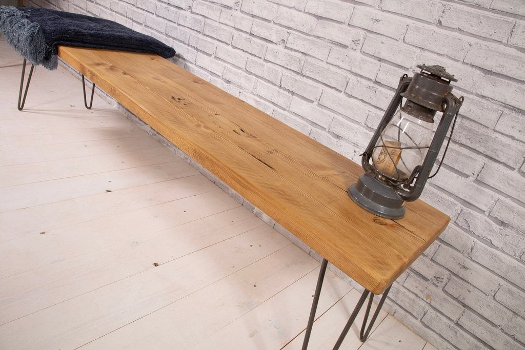 Bench entry way bench porch bench table bench hairpin legs mid century modern Offered in several colors - Online Wood Worker