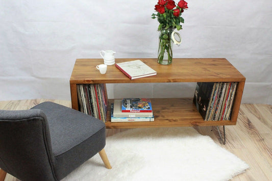Vinyl record stand console display storage Rustic mid century modern with Hairpin Legs Offered in several colors - Online Wood Worker